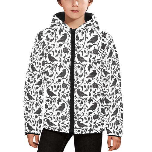 Crow dark floral pattern Kids' Boys' Girls' Padded Hooded Jacket