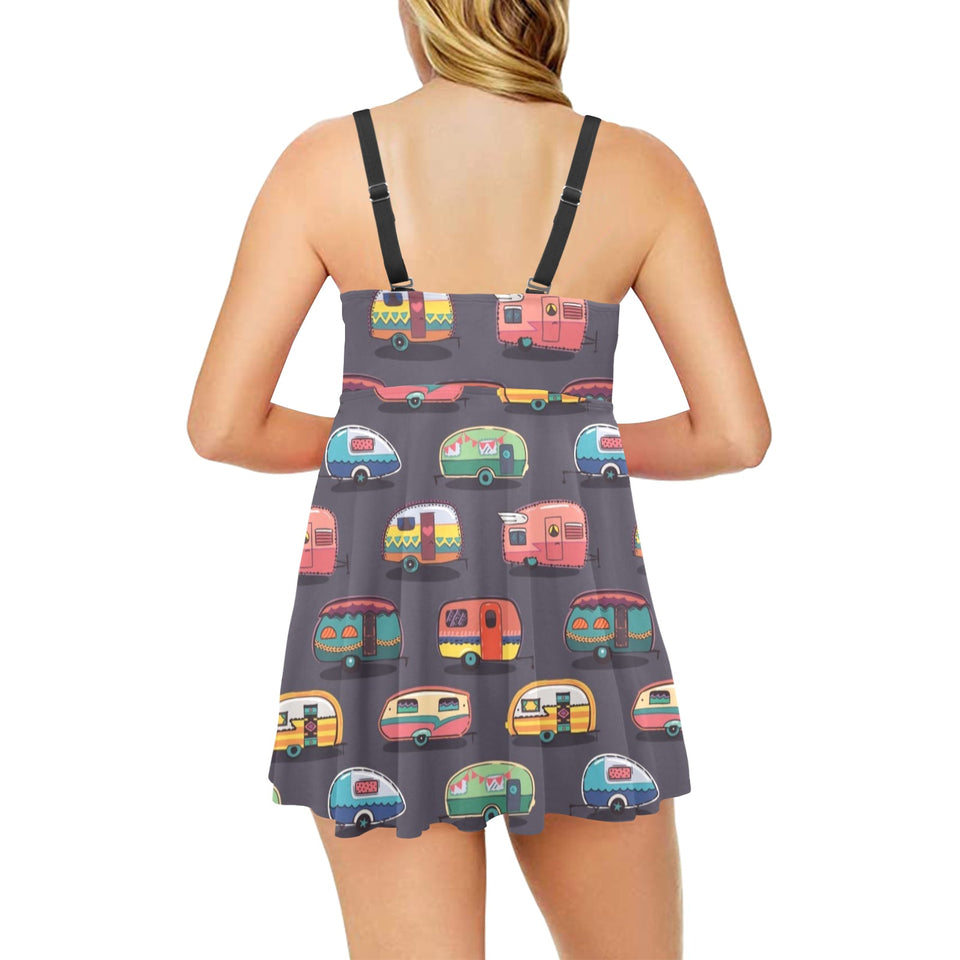 Camper Van Pattern Print Design 02 Chest Sexy Pleated Two Piece Swim Dress