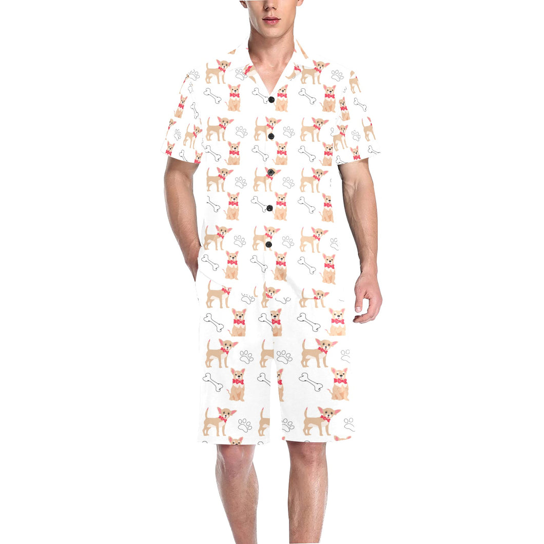 Chihuahua bone paw pattern Men's V-Neck Short Pajama Set