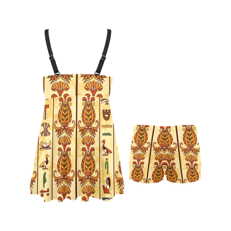 Egypt Hieroglyphics Pattern Print Design 04 Chest Sexy Pleated Two Piece Swim Dress