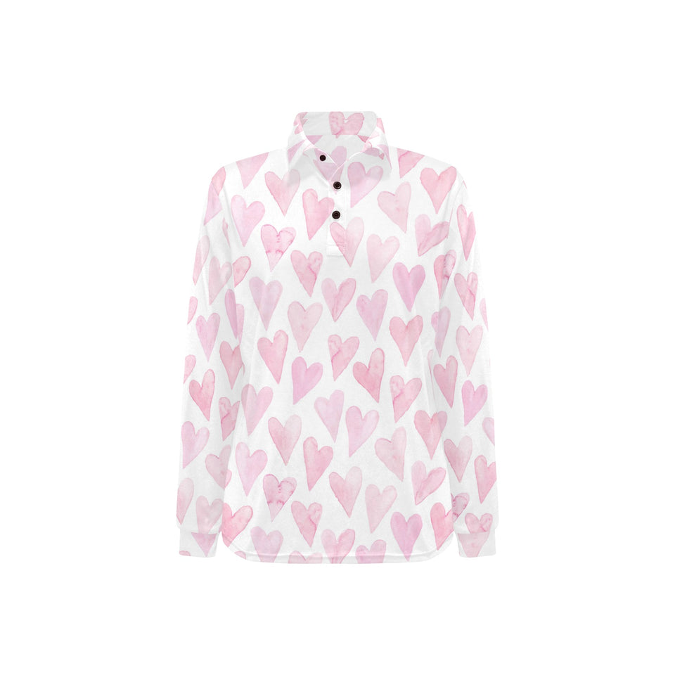 Watercolor pink heart pattern Women's Long Sleeve Polo Shirt