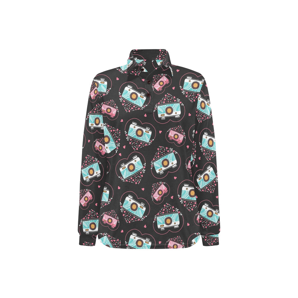 Camera Pattern Print Design 04 Women's Long Sleeve Polo Shirt