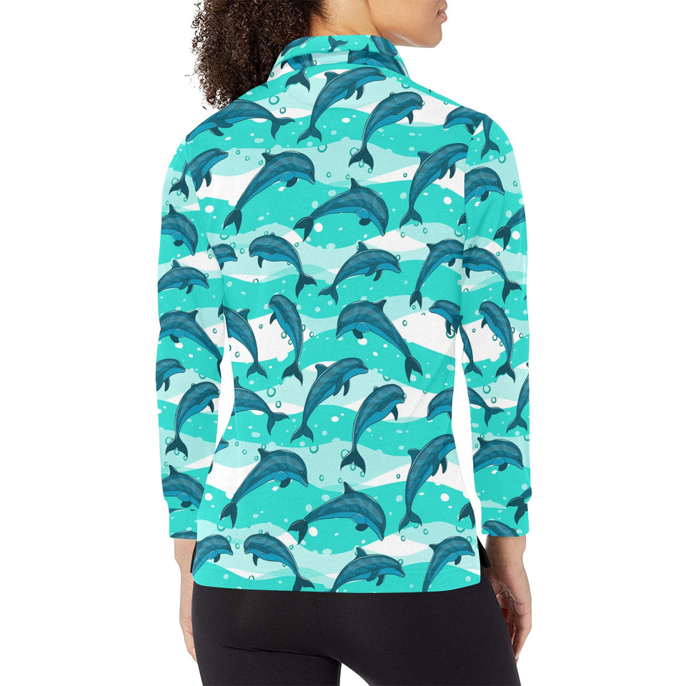 Dolphin sea pattern Women's Long Sleeve Polo Shirt