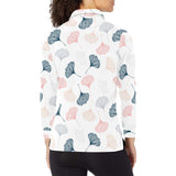 Black Gray Cream coral ginkgo leaves pattern Women's Long Sleeve Polo Shirt