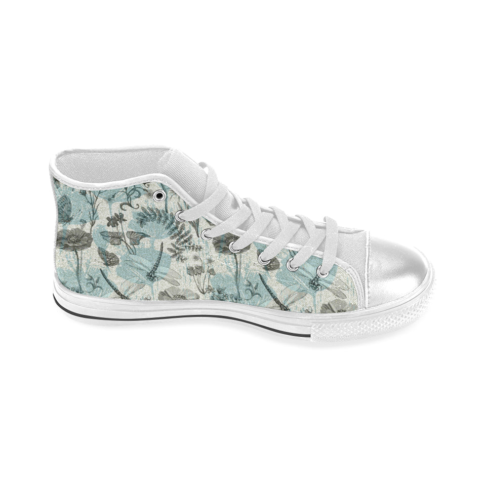 Dragonfly Butterfly Plants insect flower vintage s Women's High Top Canvas Shoes White