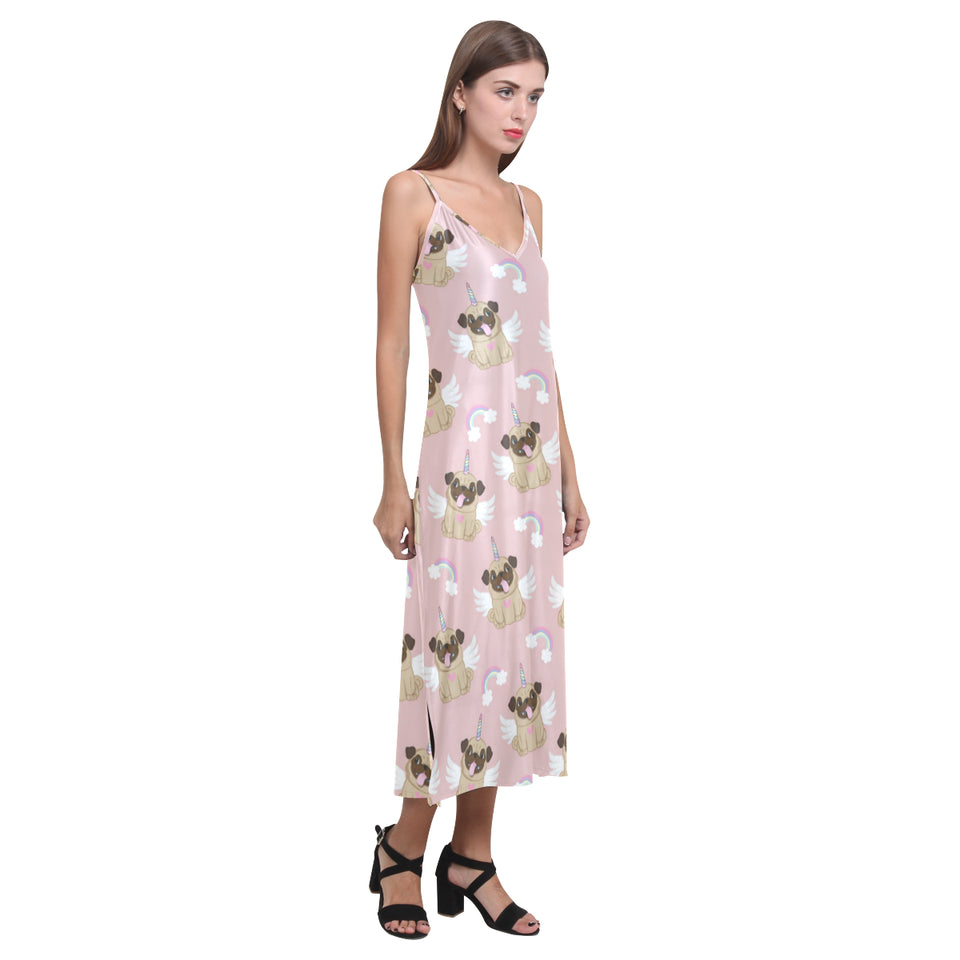 Cute unicorn pug pattern V-Neck Open Fork Long Dress