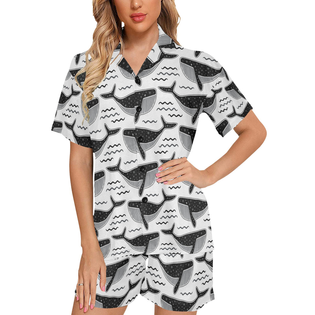 Black whale pattern Women's V-Neck Short Pajama Set