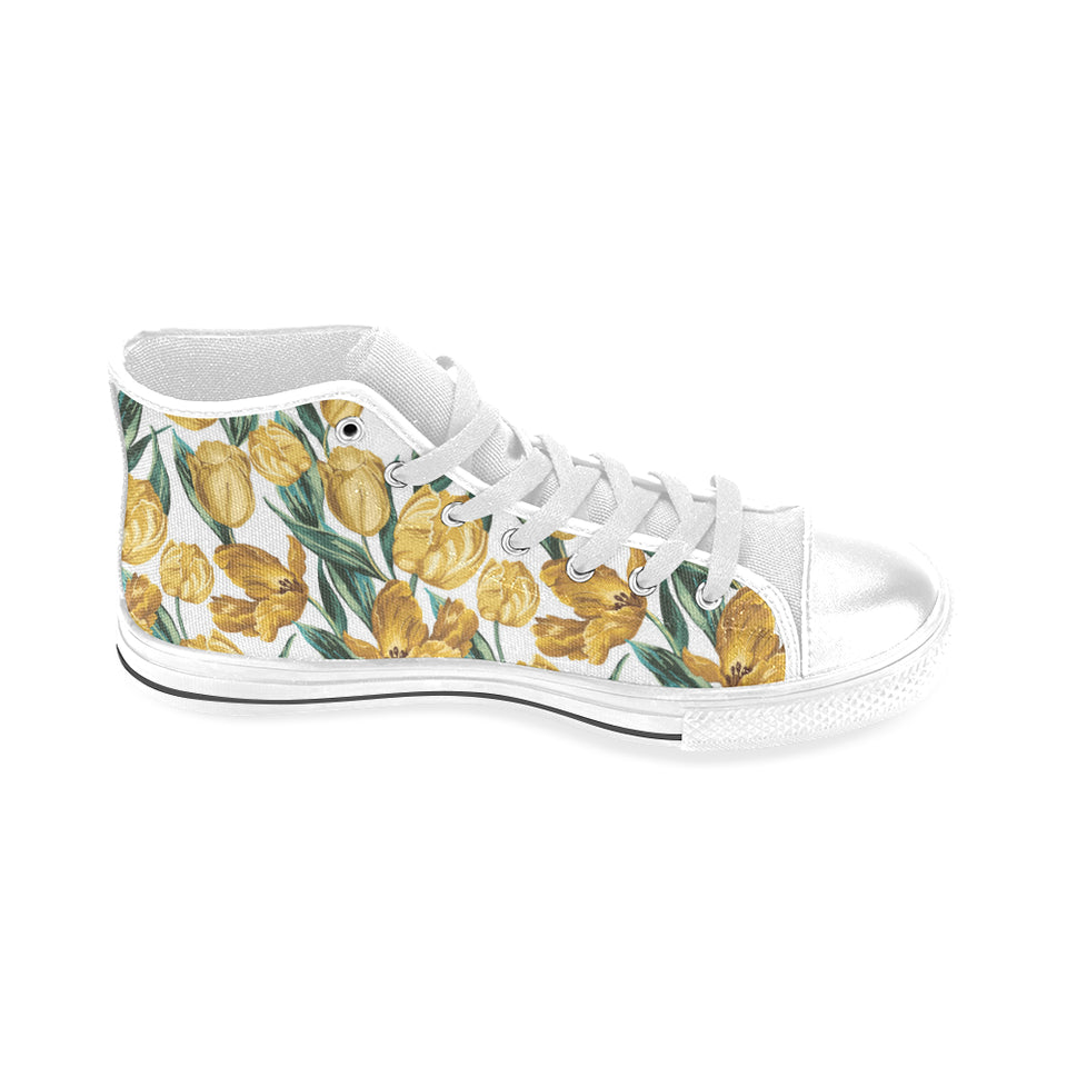 yellow tulips pattern Men's High Top Canvas Shoes White