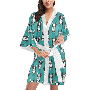 Hand drawn boston terrier dog pattern Women's Short Kimono Robe