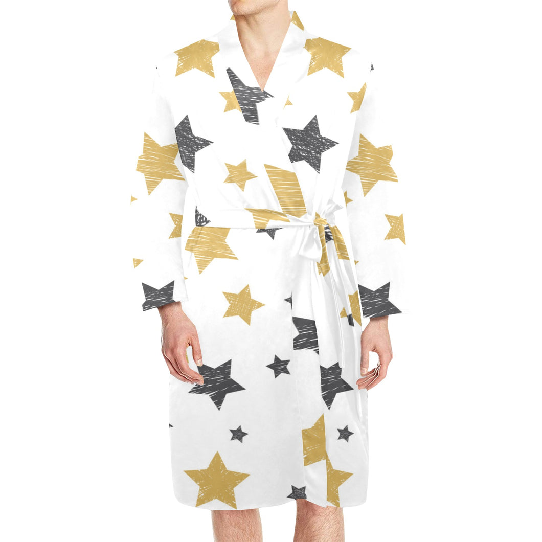 hand drawn gold black star pattern Men's Long Sleeve Belted Night Robe