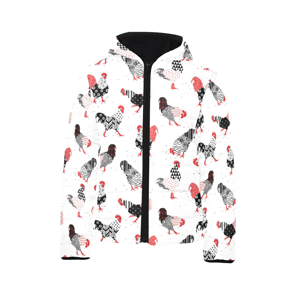Cool rooster chicken cock floral ornament backgrou Kids' Boys' Girls' Padded Hooded Jacket