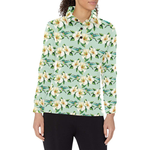 Hummingbird Pattern Print Design 01 Women's Long Sleeve Polo Shirt