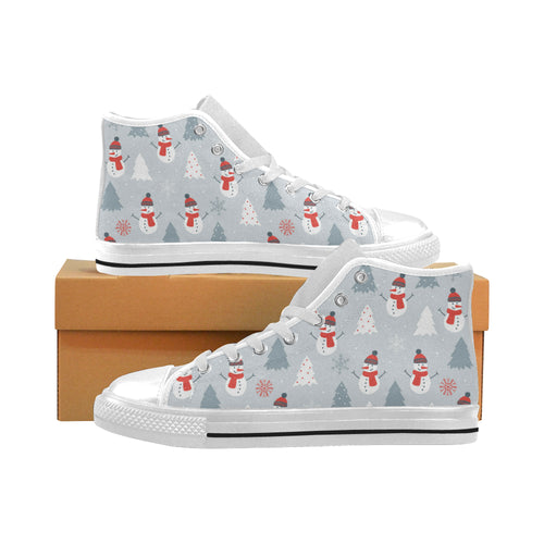 Snowman christmas  tree snow gray background Men's High Top Canvas Shoes White