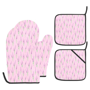 Lavender pattern pink background Heat Resistant Oven Mitt With Pot Holder(Four Pieces Set)