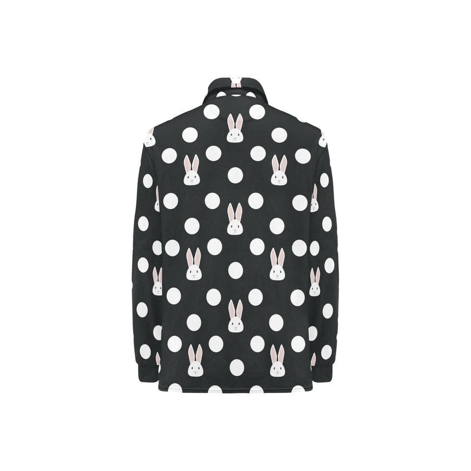 Cute white rabbit polka dots black background Women's Long Sleeve Polo Shirt