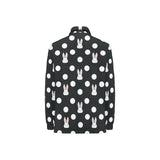 Cute white rabbit polka dots black background Women's Long Sleeve Polo Shirt