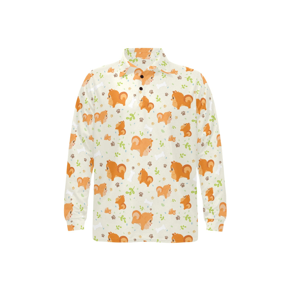 Cute brown pomeranian paw leave bone pattern Men's Long Sleeve Polo Shirt