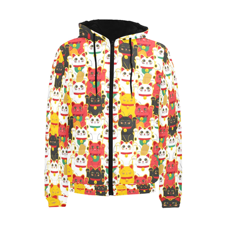 Colorful Maneki neko cat pattern Men's Padded Hooded Jacket