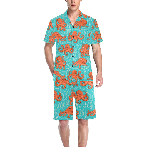 Octopus turquoise background Men's V-Neck Short Pajama Set