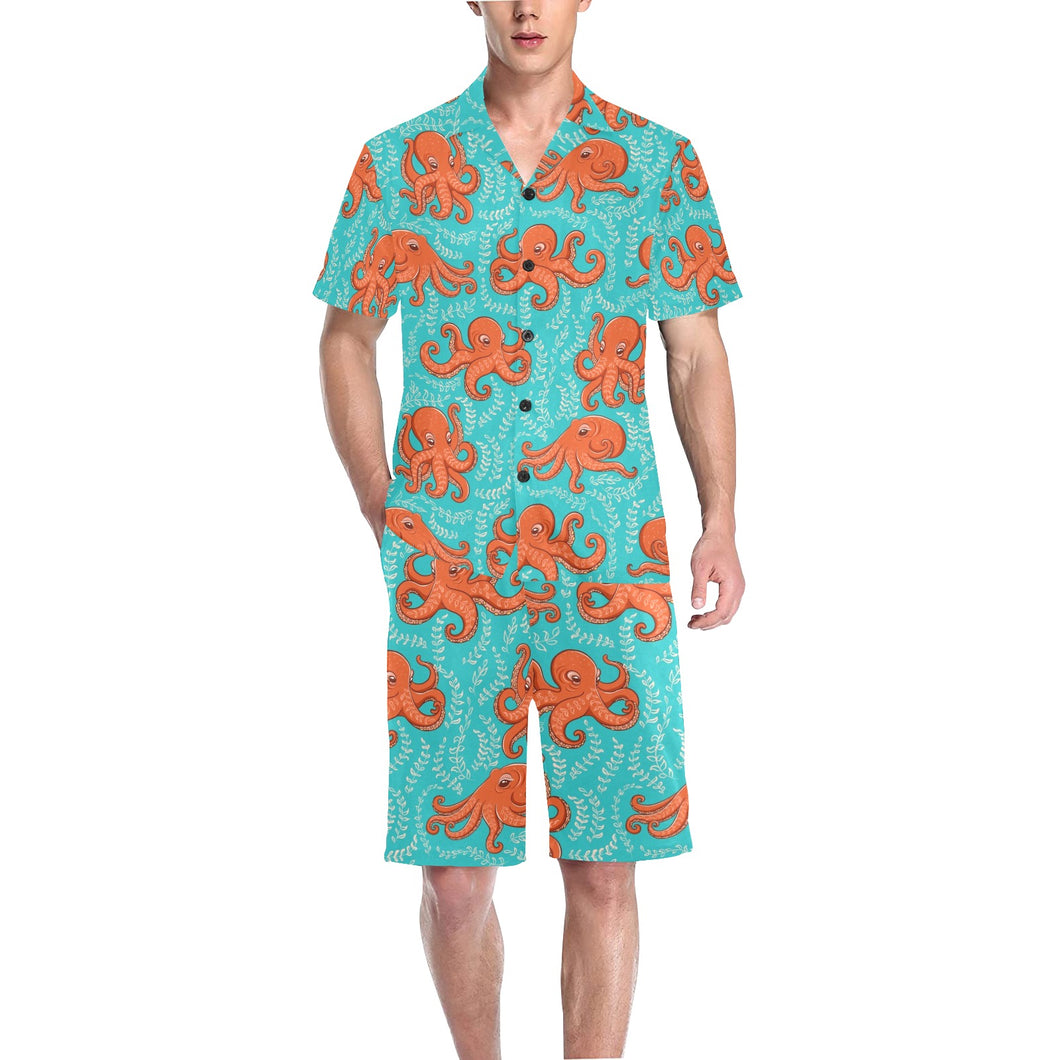 Octopus turquoise background Men's V-Neck Short Pajama Set