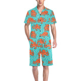 Octopus turquoise background Men's V-Neck Short Pajama Set