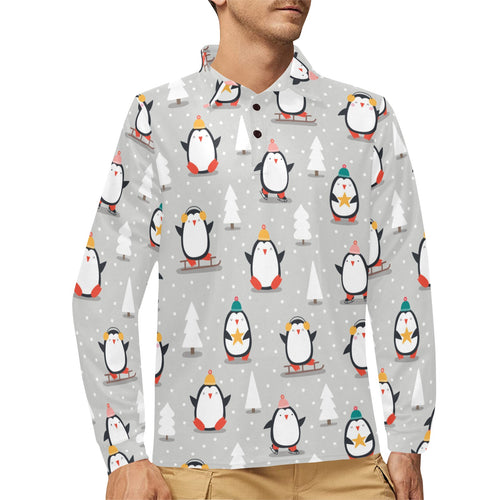 Cute Penguin christmas pattern Men's Long Sleeve Polo Shirt