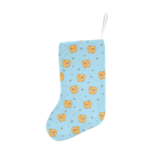 Brown cute pomeranian blue blackground Christmas Stocking