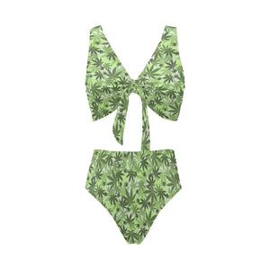 Canabis Marijuana Weed Pattern Print Design 01 Chest Bowknot High Waisted Bikini Swimsuit