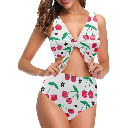 cherry pattern white background Chest Bowknot High Waisted Bikini Swimsuit