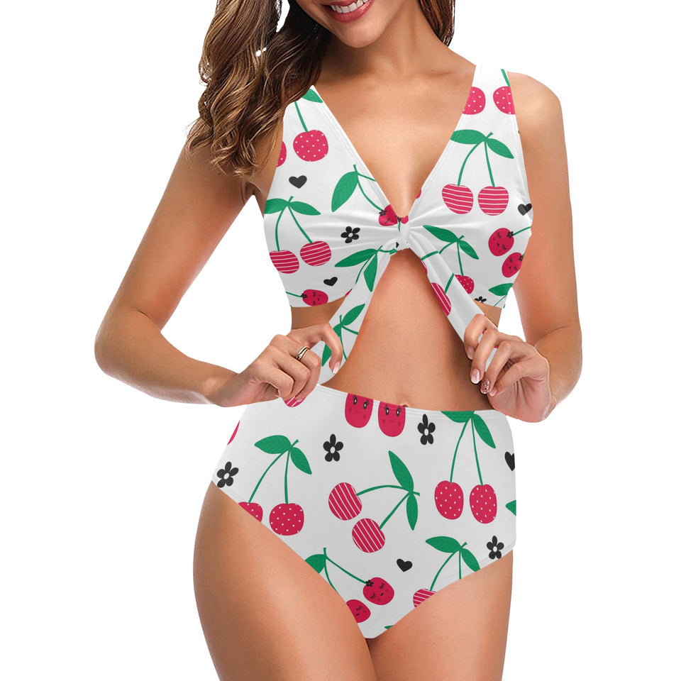 cherry pattern white background Chest Bowknot High Waisted Bikini Swimsuit