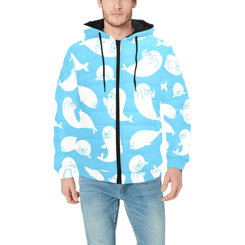 Cute white sea lion seals pattern Men's Padded Hooded Jacket