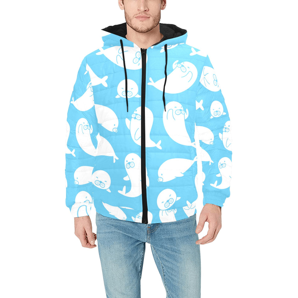 Cute white sea lion seals pattern Men's Padded Hooded Jacket