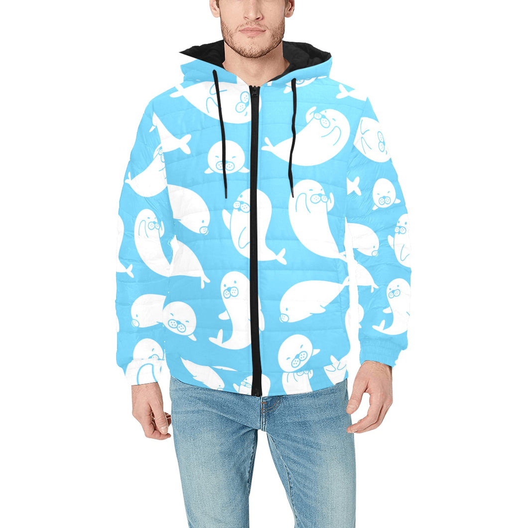 Cute white sea lion seals pattern Men's Padded Hooded Jacket