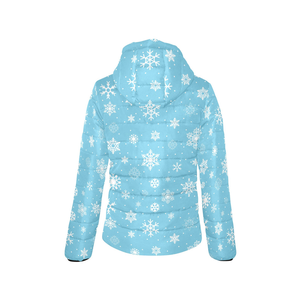 Snowflake pattern blue background Women's Padded Hooded Jacket