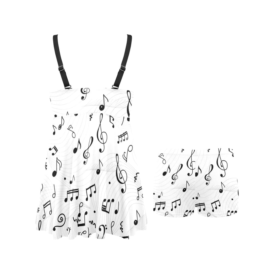 Music Notes Pattern Print Design 04 Chest Sexy Pleated Two Piece Swim Dress