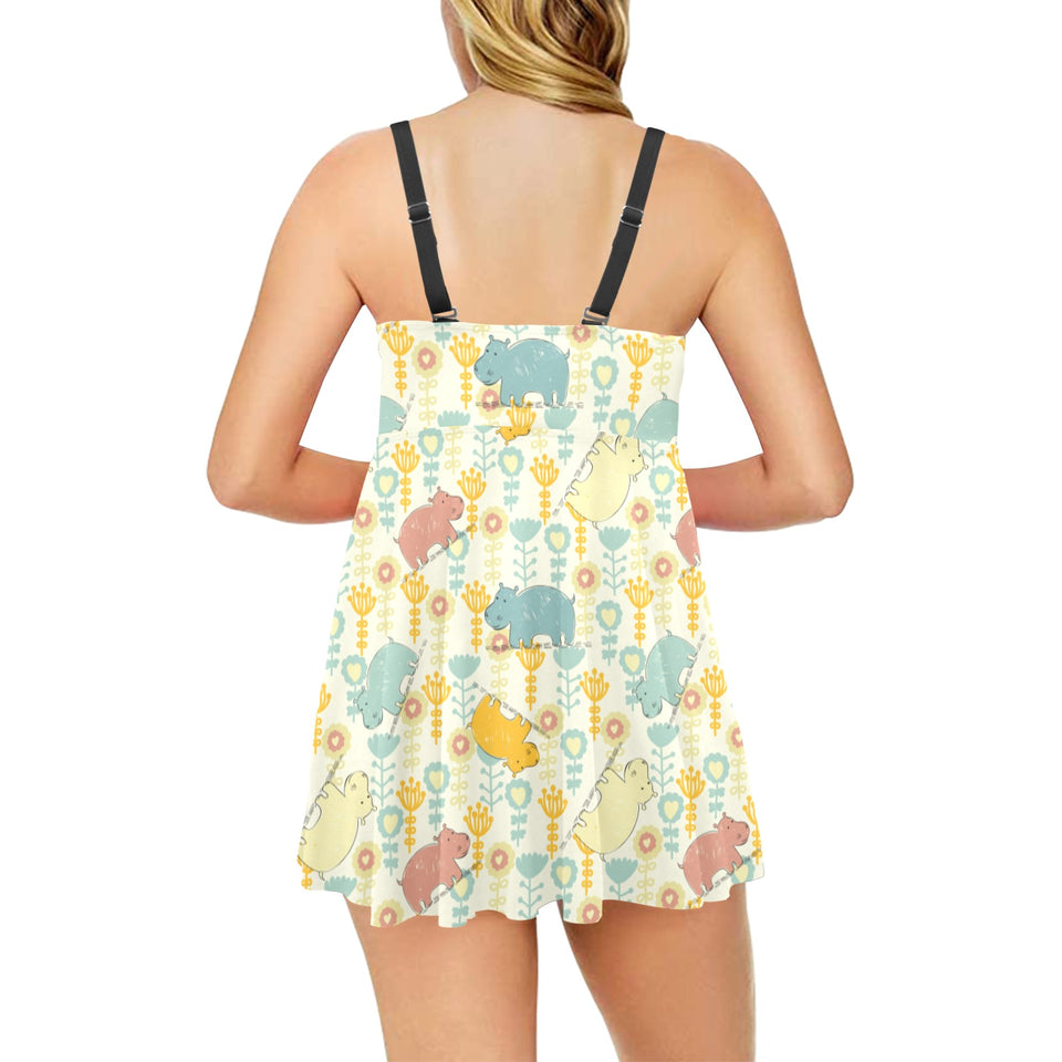 Hippopotamus Pattern Print Design 04 Chest Sexy Pleated Two Piece Swim Dress