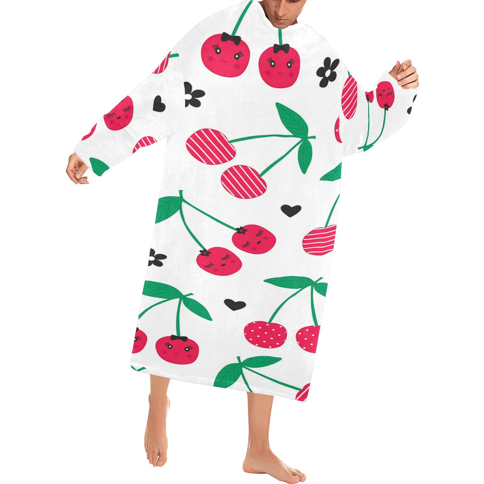 cherry pattern white background Blanket Robe with Sleeves