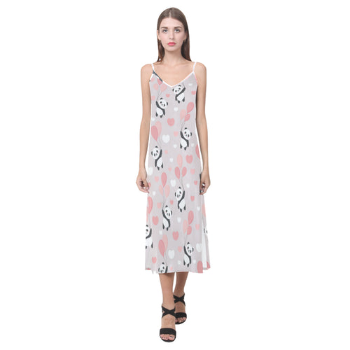 Cute panda ballon heart pattern V-Neck Open Fork Long Dress