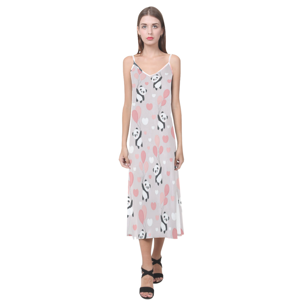 Cute panda ballon heart pattern V-Neck Open Fork Long Dress