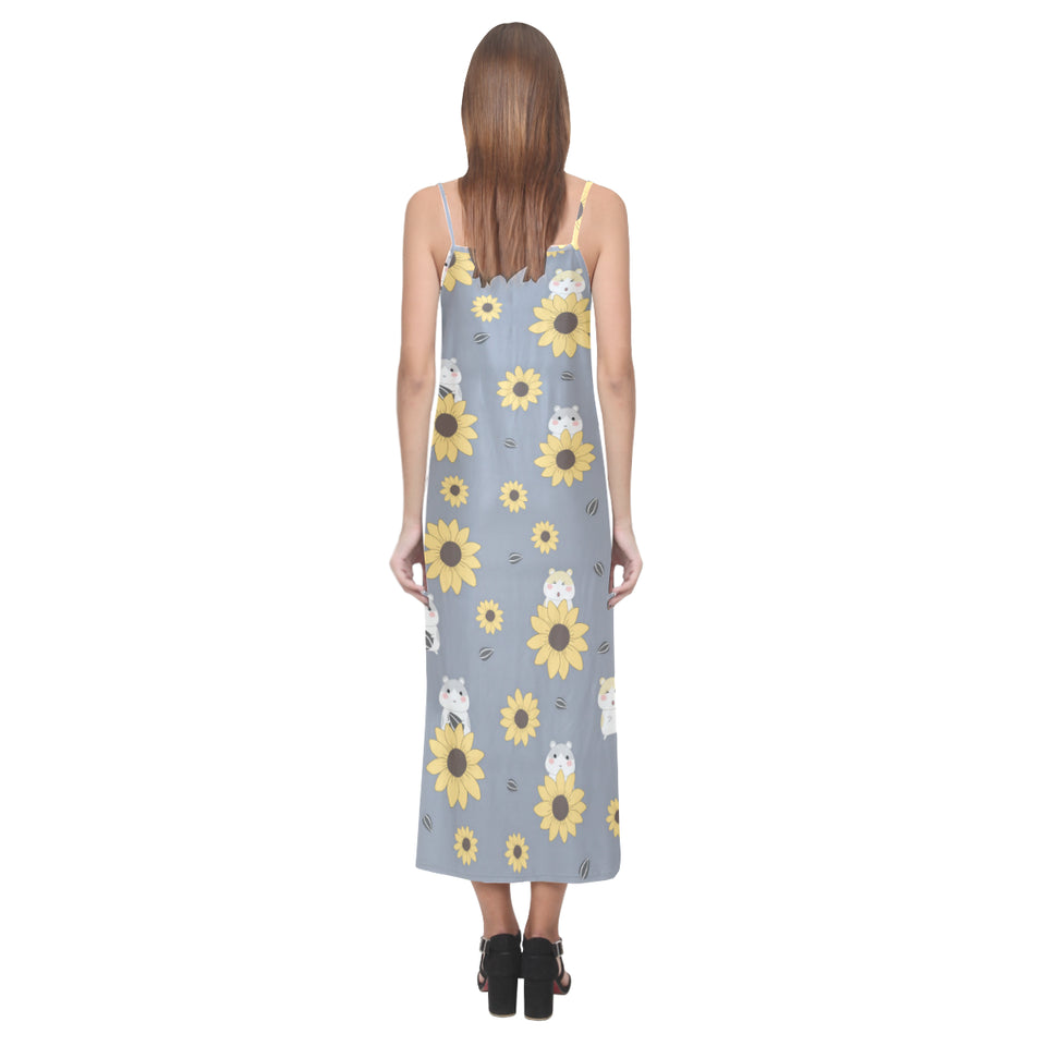 Cute hamster sunflower pattern background V-Neck Open Fork Long Dress