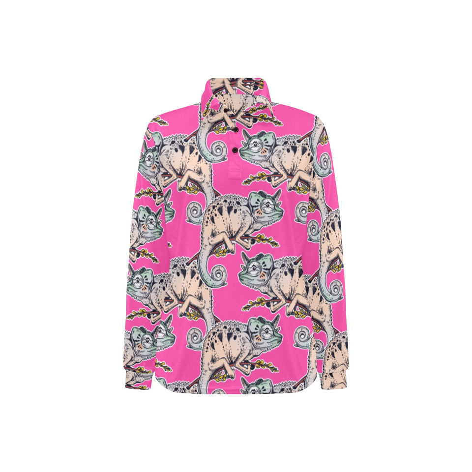 Chameleon lizard pattern pink background Women's Long Sleeve Polo Shirt