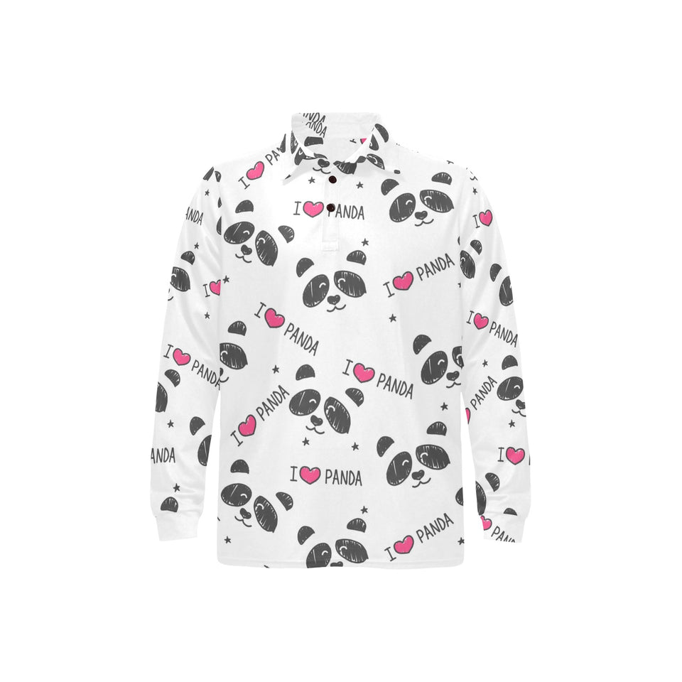 Hand Drawn faces of pandas pattern Men's Long Sleeve Polo Shirt