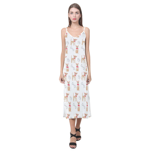 Chihuahua bone paw pattern V-Neck Open Fork Long Dress