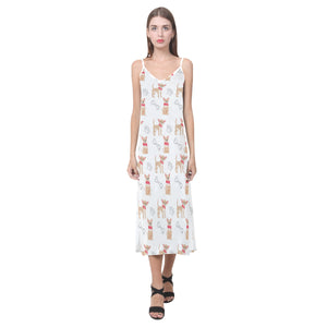 Chihuahua bone paw pattern V-Neck Open Fork Long Dress