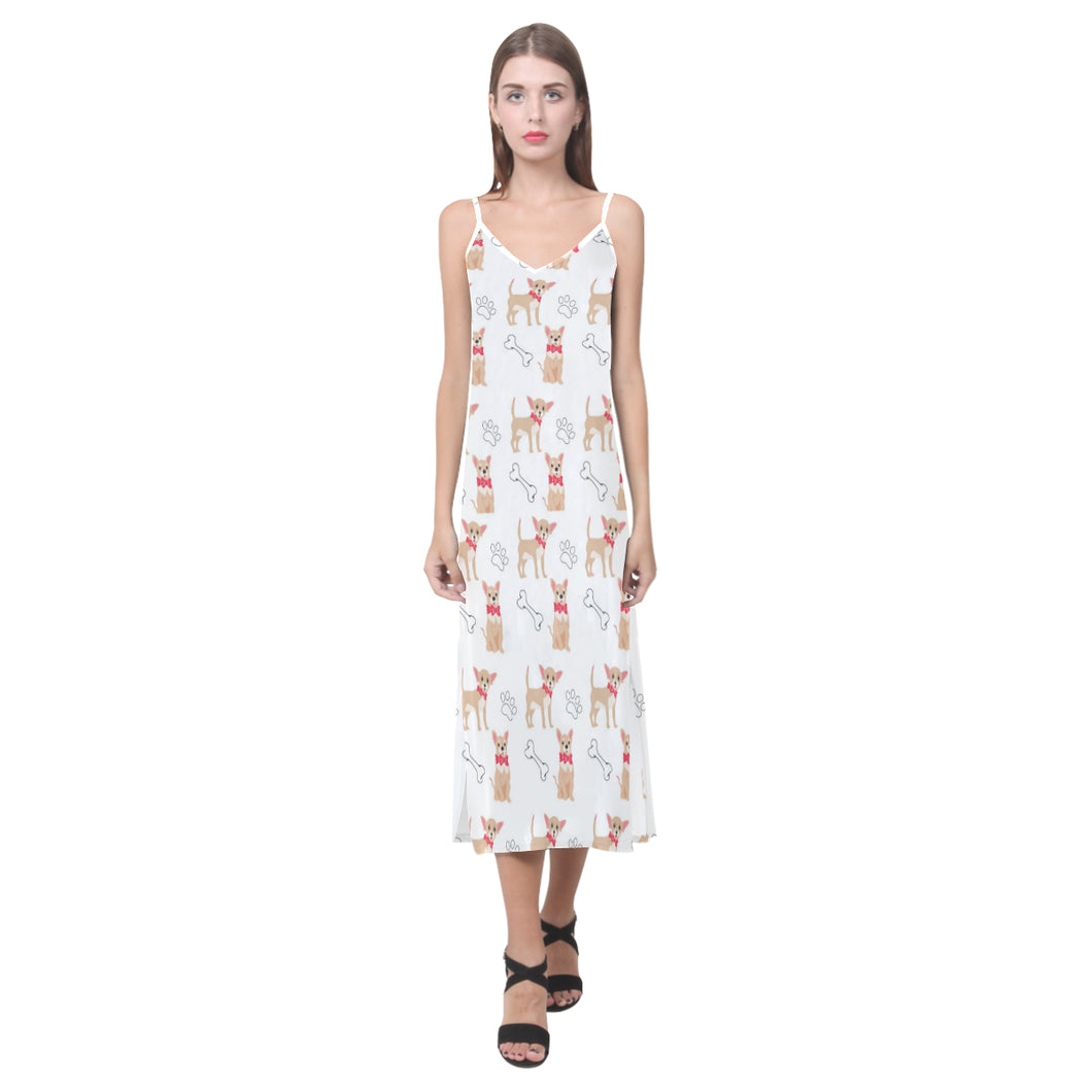 Chihuahua bone paw pattern V-Neck Open Fork Long Dress