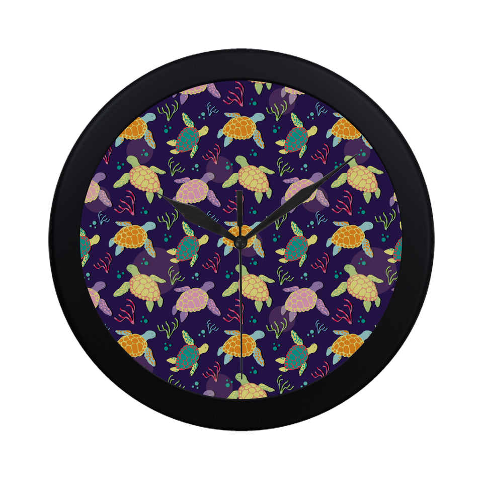 Colorful sea turtle pattern Elegant Black Wall Clock