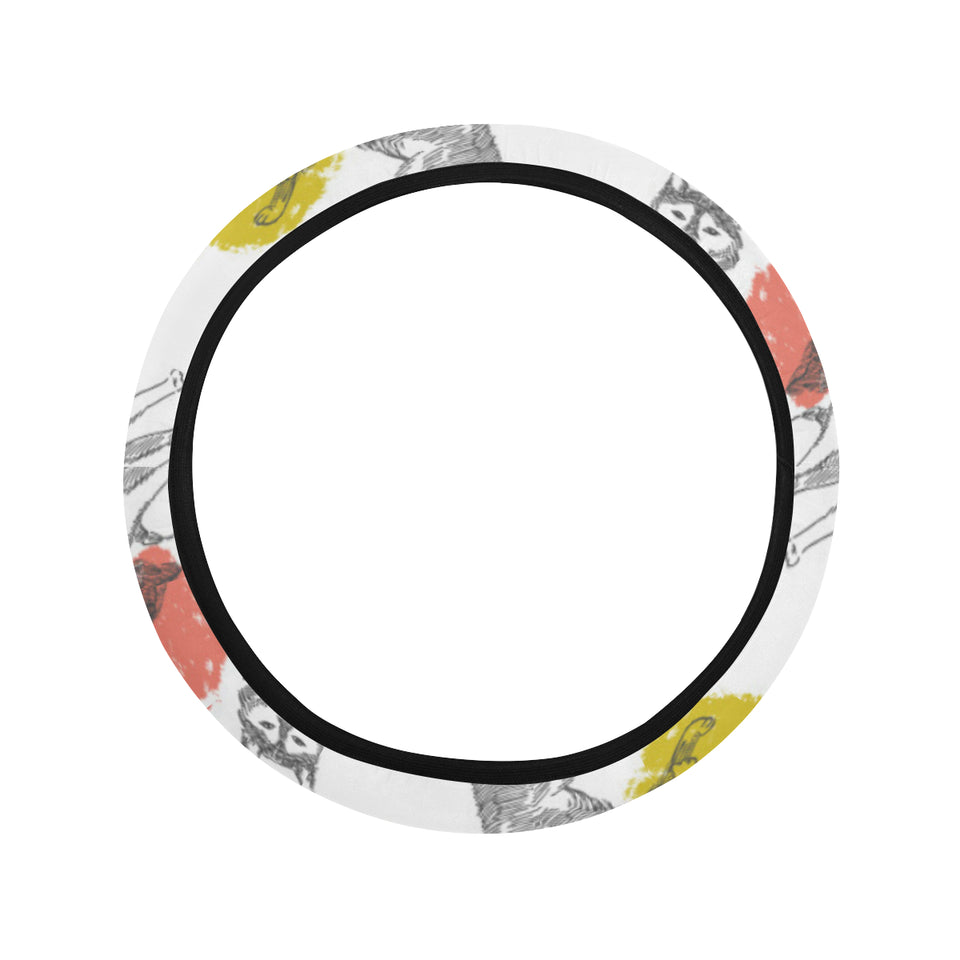 Siberian husky and colorful circle pattern Car Steering Wheel Cover