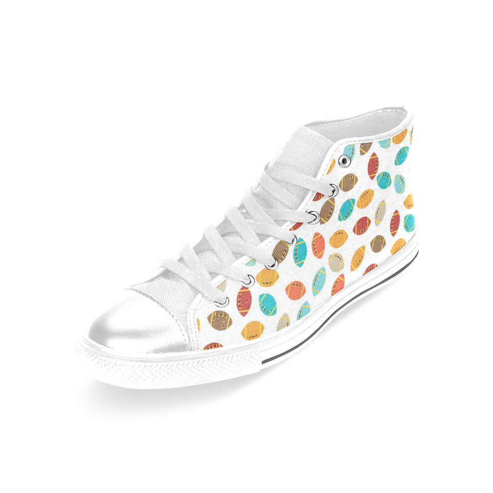 Colorful american football ball pattern Women's High Top Canvas Shoes White