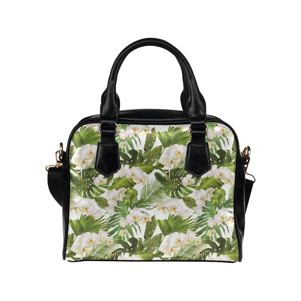 White orchid flower tropical leaves pattern Shoulder Handbag