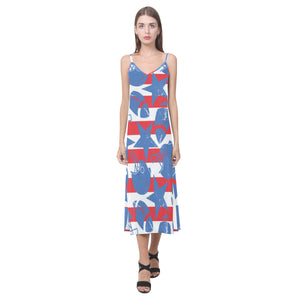 American football ball star stripes pattern V-Neck Open Fork Long Dress